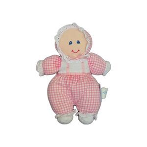 Stephan Baby Pink Baby Doll Plush Terycloth Plaid Lace Eyelet 10” Rattle Soft